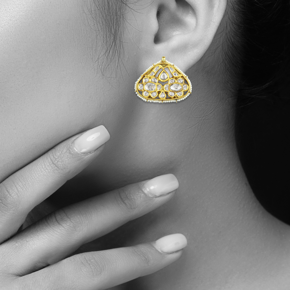 Triangular Polki Earrings with Gold & Pearl Detailing